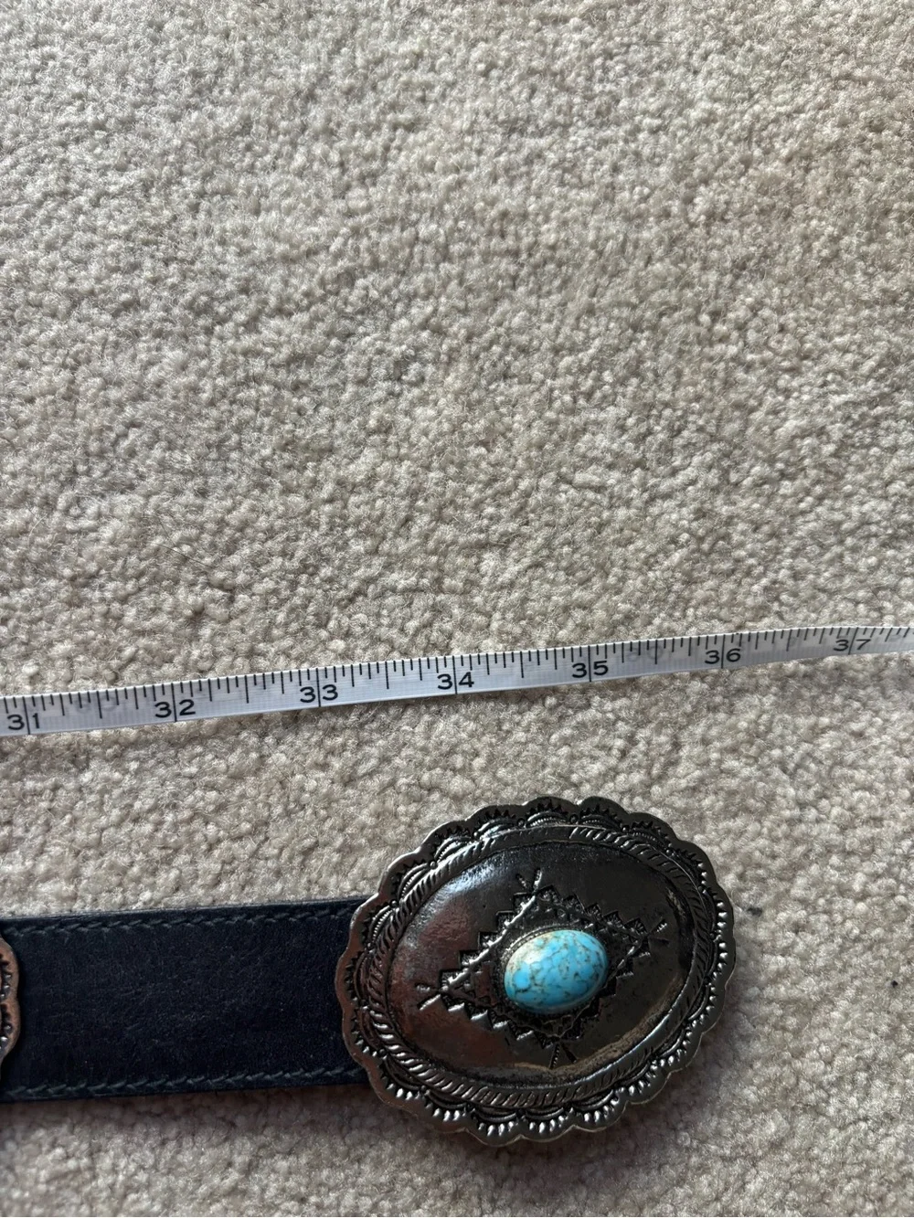R.J. Graziano Black Leather Belt with Turquoise Conchos